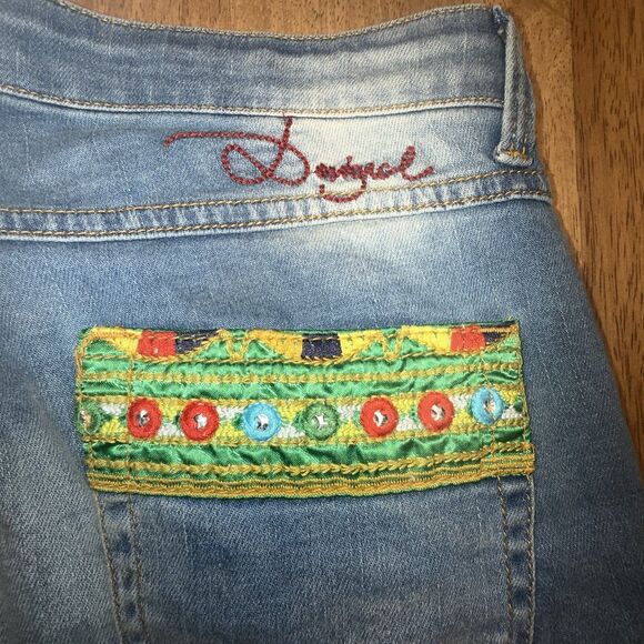Desigual Ethnic Embroidered Jeans Boho Patchwork Denim Size 26 Hippie Zip Ankle - Picture 11 of 14